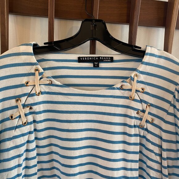 VERONICA BEARD Eli Baseball Tee Puff Long Sleeve Top Blue White Striped - Picture 2 of 8